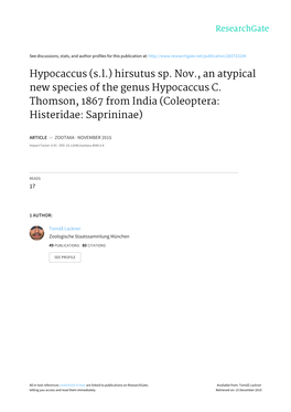 Hypocaccus (S.L.) Hirsutus Sp. Nov., an Atypical New Species of the Genus Hypocaccus C
