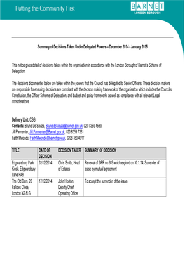 Summary of Decisions Taken Under Delegated Powers – December 2014 - January 2015