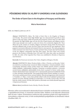 Pôsobenie Rádu Sv. Kláry V Uhorsku a Na Slovensku