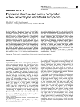 Population Structure and Colony Composition of Two Zootermopsis Nevadensis Subspecies