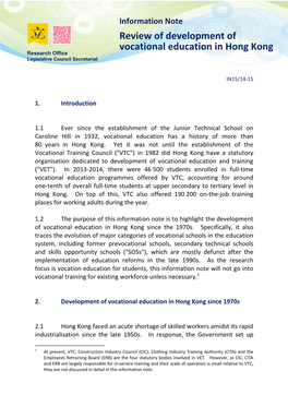 Review of Development of Vocational Education in Hong Kong Research Office Legislative Council Secretariat