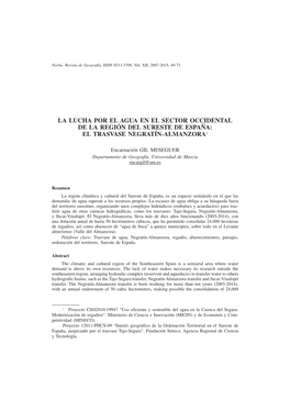 La Lucha Por El Agua En El Sector Occidental De La Región Del Sureste De España: El Trasvase Negratín-Almanzora1