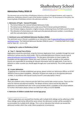 Admissions Policy 2018-19