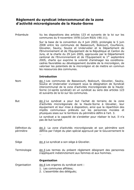 Règlement Du Syndicat Intercommunal De La Zone D’Activité Microrégionale De La Haute-Sorne