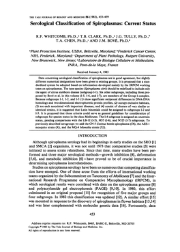 Serological Classification of Spiroplasmas: Current Status