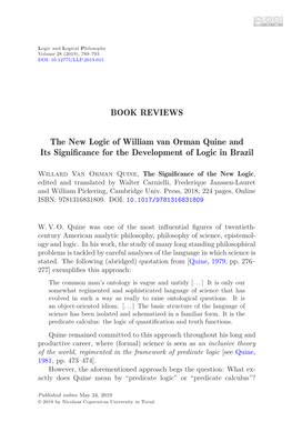 BOOK REVIEWS the New Logic of William Van Orman Quine and Its