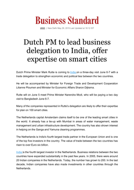 Dutch PM to Lead Business Delegation to India, Offer Expertise on Smart Cities