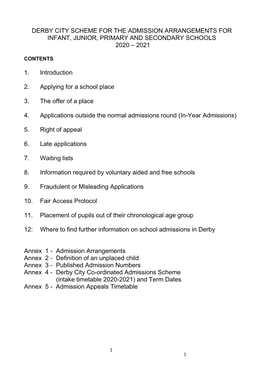 Derby City Scheme for the Admission Arrangements for Infant, Junior, Primary and Secondary Schools 2020 – 2021
