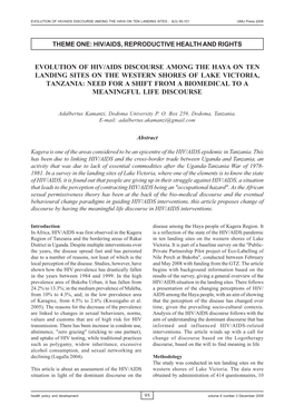 EVOLUTION of HIV/AIDS DISCOURSE AMONG the HAYA on TEN LANDING SITES : 6(3) 95-101 UMU Press 2008