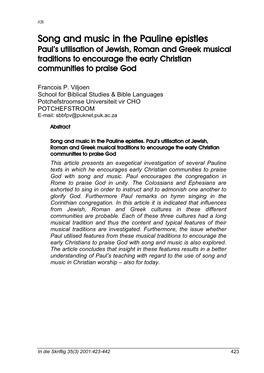 Song and Music in the Pauline Epistles Paul’S Utilisation of Jewish, Roman and Greek Musical Traditions to Encourage the Early Christian Communities to Praise God