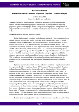 Research Article Aversive Ableism: Modern Prejudice Towards Disabled People Carli Friedman, Phd Council on Quality and Leadership