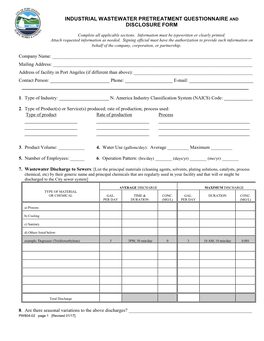 Industrial Wastewater Pretreatment Questionnaire and Disclosure Form