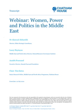 Webinar: Women, Power and Politics in the Middle East