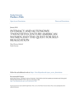 Intimacy and Autonomy: Twentieth Century American Women and the Quest for Self-Realization