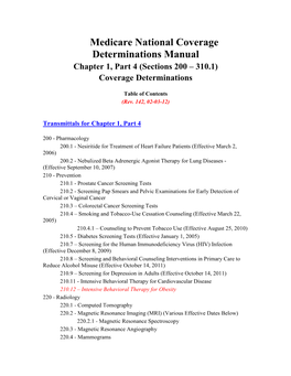 Medicare National Coverage Determinations Manual Chapter 1, Part 4 (Sections 200 – 310.1) Coverage Determinations