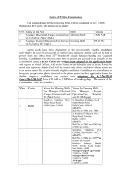 Notice for Writtten EXAM (List of Provisonlly Eligible Candidates)