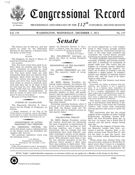 Congressional Record United States Th of America PROCEEDINGS and DEBATES of the 112 CONGRESS, SECOND SESSION