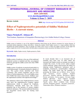 Effect of Nephroprotective Potentials of Siddha Medicinal Herbs – a Current Status