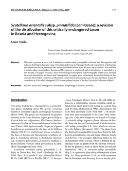 (Lamiaceae): a Revision of the Distribution of This Critically Endangered Taxon in Bosnia and Herzegovina