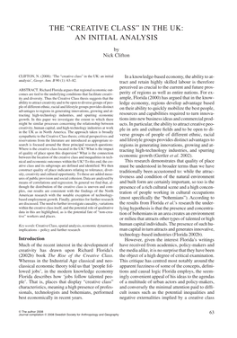 The “Creative Class” in the Uk: an Initial Analysis the “Creative Class” in the Uk: an Initial Analysis