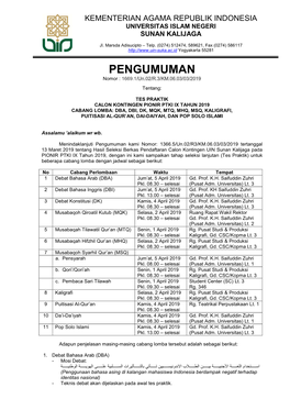 PENGUMUMAN Nomor : 1669.1/Un.02/R.3/KM.06.03/03/2019