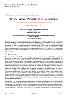 Perspectives on Eco-Socialism Written by Hans a Baer