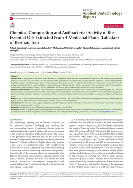 Chemical Composition and Antibacterial Activity of the Essential Oils Extracted from 4 Medicinal Plants (Labiatae) of Kerman, Iran