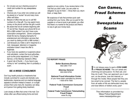 Con Games, Fraud Schemes & Sweepstakes Scams