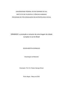 GRAMADO: a Produção E Consumo De Uma Imagem De Cidade Européia No Sul Do Brasil