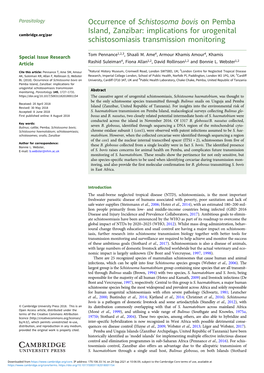 Schistosoma Bovis on Pemba Island, Zanzibar: Implications for Urogenital Cambridge.Org/Par Schistosomiasis Transmission Monitoring