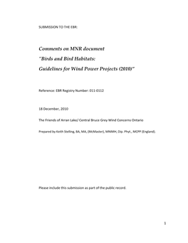 Comments on MNR Document "Birds and Bird Habitats: Guidelines for Wind Power Projects (2010)”