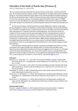 Checklist of the Birds of South Asia [Version 1] Praveen J., Rajah Jayapal, & Aasheesh Pittie