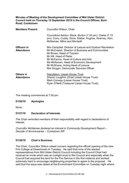 Minutes of Meeting of the Development Committee of Mid Ulster District Council Held on Thursday 12 September 2019 in the Council Offices, Burn Road, Cookstown