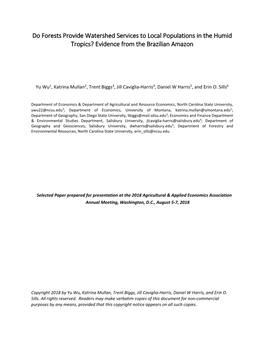 Do Forests Provide Watershed Services to Local Populations in the Humid Tropics? Evidence from the Brazilian Amazon