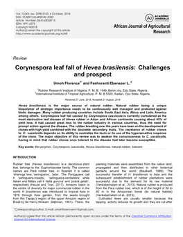 Corynespora Leaf Fall of Hevea Brasilensis: Challenges and Prospect