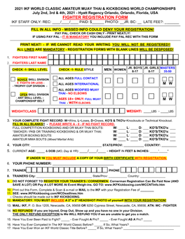 Fighter Registration Form Ikf Staff Only: Rec: ____/____/____ Paid: $______Photo: __Jr