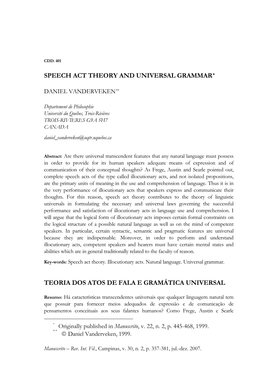 Speech Act Theory and Universal Grammar* Teoria Dos Atos De Fala E Gramática Universal