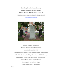 The Alloway Township Veterans Ceremony PROGRAM with All the Opening Pages 11 11 2012.Pages