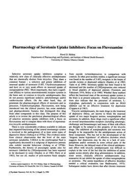 Pharmacology of Serotonin Uptake Inhibitors: Focus on Fluvoxamine