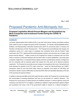 Proposed Pandemic Anti-Monopoly Act