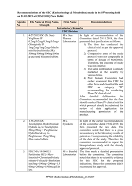 Recommendations of the SEC (Endocrinology & Metabolism) Made in Its 55Thmeeting Held on 21.05.2019 at CDSCO HQ New Delhi: Ag