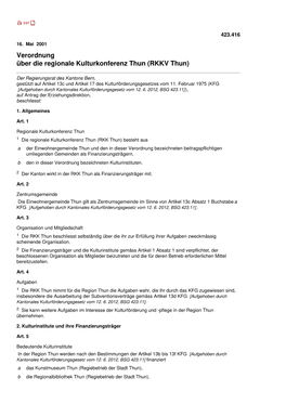 Verordnung Über Die Regionale Kulturkonferenz Thun (RKKV Thun)