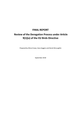 FINAL REPORT Review of the Derogation Process Under Article 9(1)(A) of the EU Birds Directive