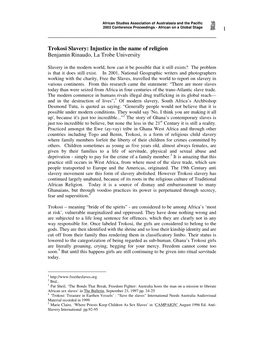 Trokosi Slavery: Injustice in the Name of Religion Benjamin Rinaudo, La Trobe University