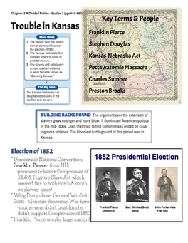 Trouble in Kansas Franklin Pierce Stephen Douglas Kansas-Nebraska Act Pottawatomie Massacre Charles Sumner Preston Brooks