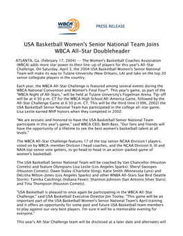 USA Basketball Women's Senior National Team Joins WBCA All-Star Doubleheader