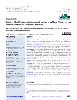 Isolation, Identification and Antimicrobial Resistance Profile of Staphylococcus Aureus in Cockroaches (Periplaneta Americana)