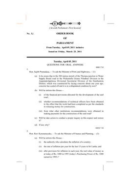 ORDER BOOK of PARLIAMENT from Tuesday, April 05, 2011 Inclusive Issued on Friday, March 25, 2011