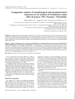Comparative Analysis of Morphological and Morphometrical Characters in Six Isolates of Pratylenchus Vulnus Allen & Jensen, 1