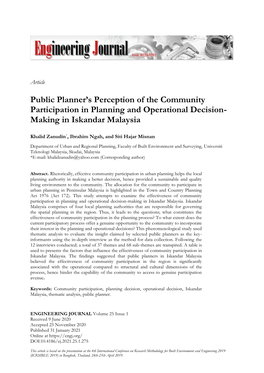Public Planner's Perception of the Community Participation In